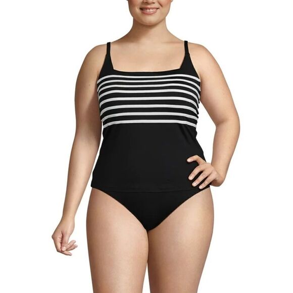 Land's End plus size square neck mod length black white stripes tankini top 1X - Picture 4 of 5